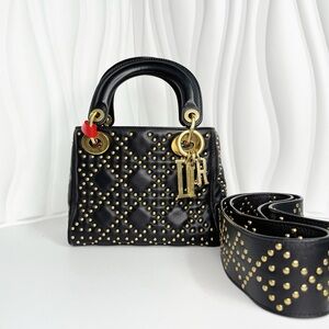 Christian Dior Lady Small Studded Bag Women's Handbag Lambskin Black